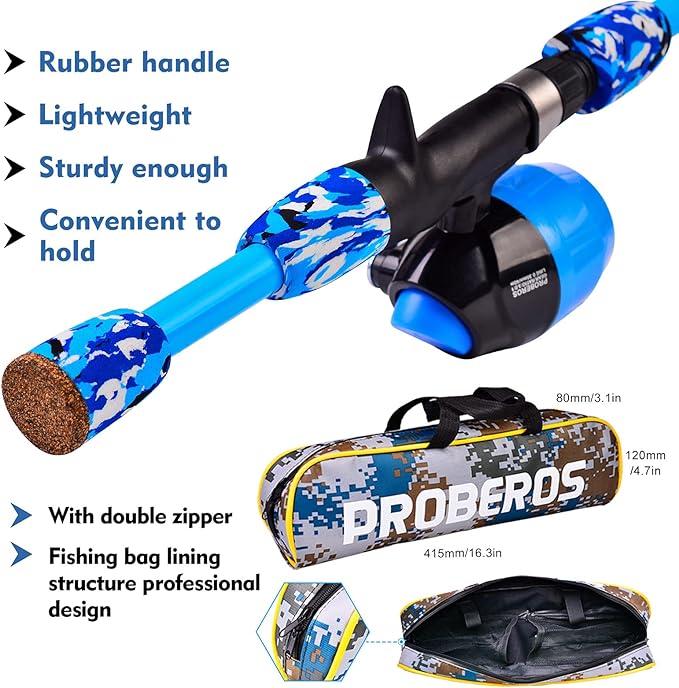 PROBEROS Kids Fishing Pole - Portable Telescopic Fishing Rod and Reel Combo Kit - Spincast Fishing Reel Casting Rods with Lures Lines Tackle Box and Bag for Boys Girls Youth Fishing