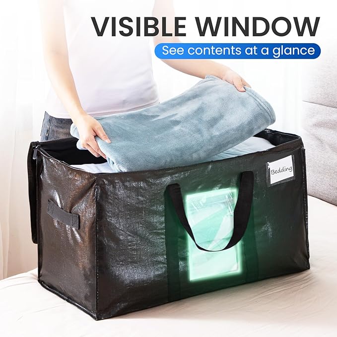 TAILI Extra Large Moving Bags, 8 Pack Black Heavy Duty Totes For Storage with Visible Window, Wrap Around Handles, Storage Bags for Space Saving, Alternative to Moving Boxes