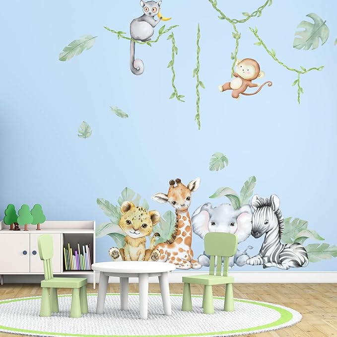 59.05x53.14 Inch Woodland Animals Wall Decals - Forest Animal Wall Decal with Elephant, Zebra, Monkey, Giraffe - Nursery Decor for Home, Baby Room, Boys & Girls Bedroom Art