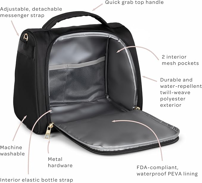 JuJuBe New Insulated Bottle Bag, Breastmilk Storage Bag for Baby Bottles, Travel Insulated Waterproof Lunch Bag or Cooler Bag for Nursing, Milk, Food, Baby Formula, Snacks, Black, Mothers Day Gift