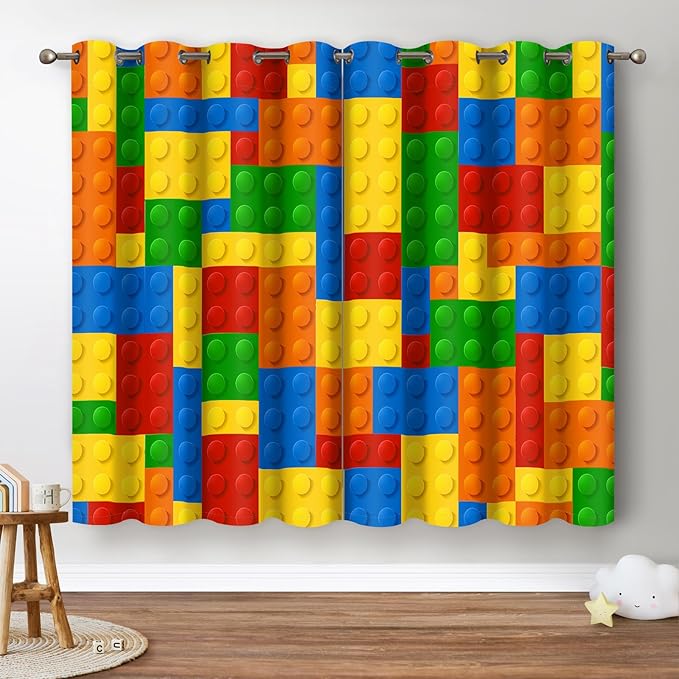 Jekeno Colorful Building Blocks Blackout Curtains - Boys Girls Teens Abstract Geometric Toy Curtains Toddlers Bedroom Playroom Blue Red Yellow Decor Grommet Window Drapes 2 Panel Set, 52"x84"