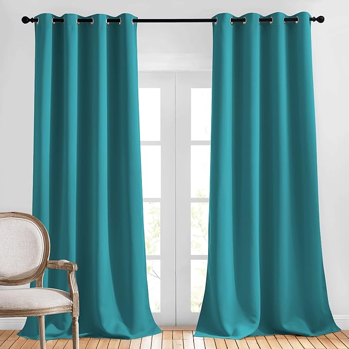 NICETOWN Peacock Teal Curtains for Home Office, Grommet Thermal Curtains Blackout Light Blocking Room Darkening Window Treatments for Bedroom/Living Room, 2 Panels, W52 x L90