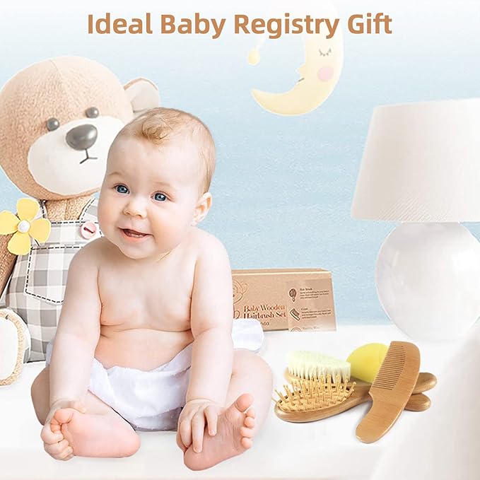 Baby Hair Brush and Comb Set (4-Piece) for Newborn - Wooden Baby Hairbrush Set，A Beechwood Brush, Baby Airbag Brush, Beech Handle Brush, and Prevent Cradle Cap Silicone Brush - Ideal Registry Gift