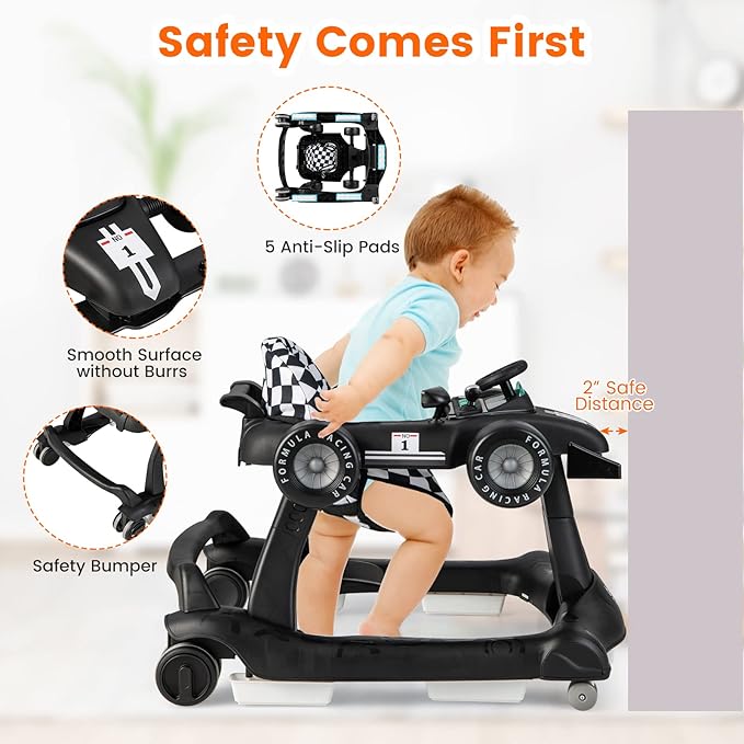 HONEY JOY 4-in-1 Baby Walker, Activity Push Walker w/3 Adjustable Heights, Smooth Wheels w/Adjustable Speed, Padded Seat, Music & Light, Foldable Car Walker for Baby Boys Girls Age 6 Months+ (Black)