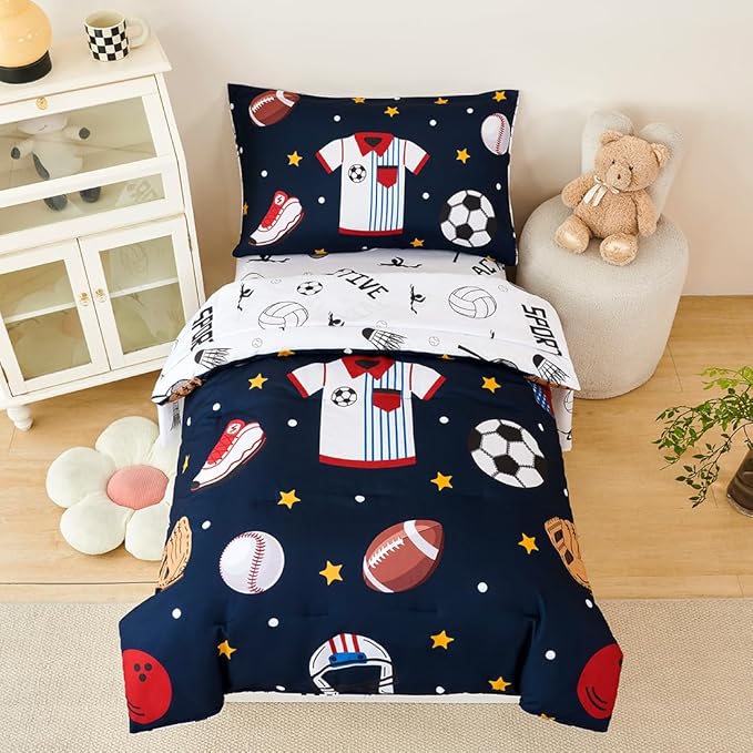 PERFEMET 4 Pieces Sports Toddler Bedding Sets for Boys Reversible Baseball Football Toddler Bed Set with Sheets Soft Fluffy Navy Blue Sport Kids Bed in a Bag for Bedroom(Sport, Toddler)