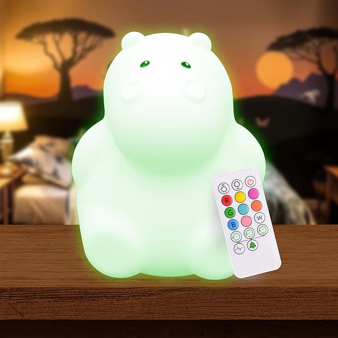 Lumipets Remote Control Silicone Night Light for Kids - Hippo Design with 9 Soft Colors & Sleep Timer - Rechargeable, Battery-Operated Lamp for Bedroom | Baby Nursery, Toddler, Girls, Boys