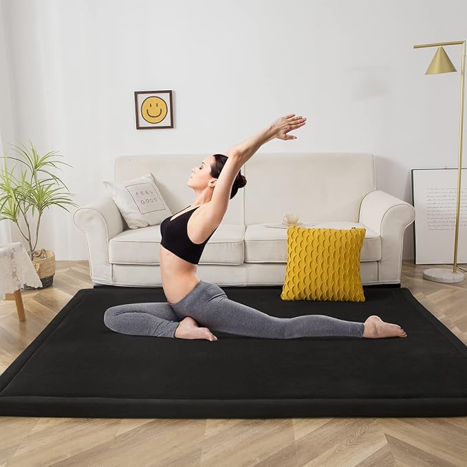 MAXYOYO Black Coral Velvet Area Rug, Thick Japanese Tatami Mat Living Room Carpet with Non-Slip Backing, Large Solid Color Mat for Bedroom Dormitory Yoga, 78 by 158 inch
