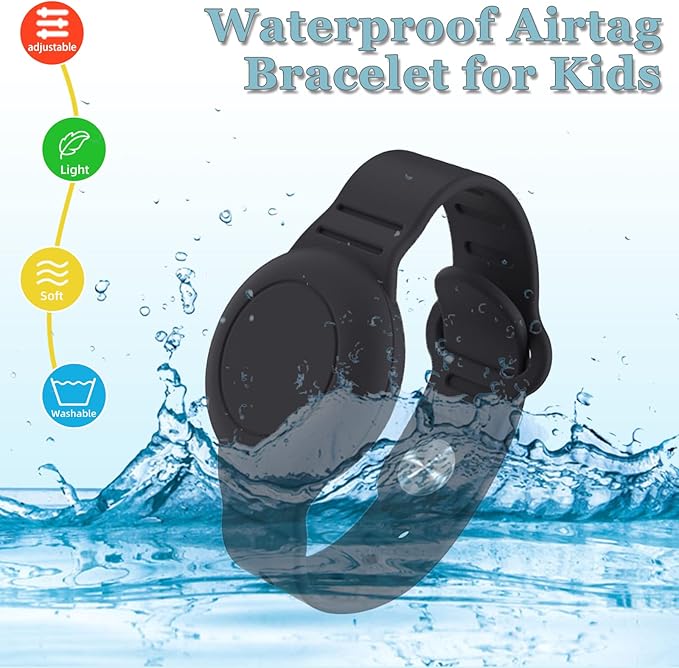 Kids Waterproof Airtag Bracelet Compatible with Apple AirTag, Hidden Silicon Protective Case for Air Tag GPS Tracker Holder, Adjustable Anti-Lost Watch Band for Toddler Child (Black)