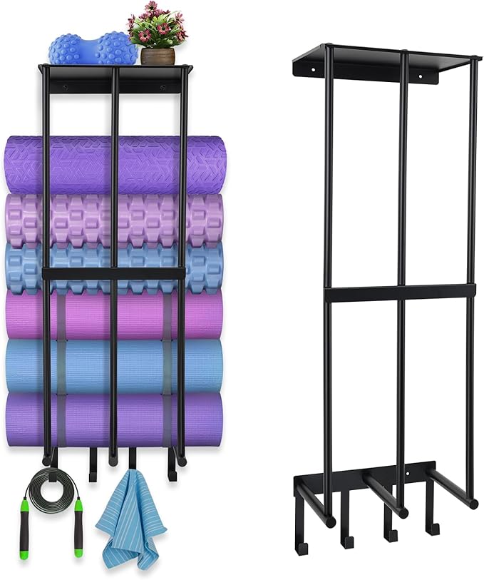 Yoga Mat Holder Yoga Mat Holder Wall Mount Home Gym Accessories Organizer,Towel Storage Rack with 4 Hooks for Hanging Foam Roller and Resistance Bands Gym Organization for Home Gym