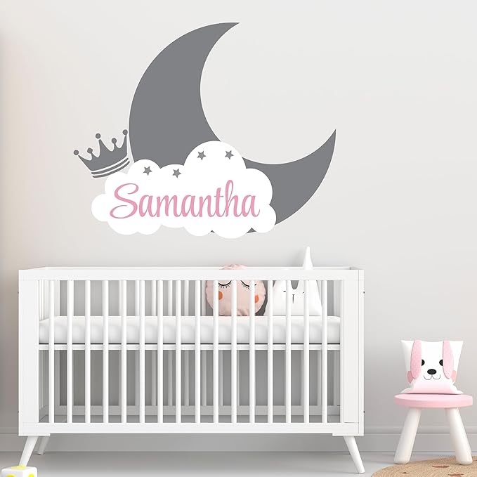 Personalized Name Moon & Cloud Wall Decal - Custom Baby Nursery Sticker - Peel and Stick Mural for Girls & Boys Room - Removable Vinyl Art Decor - Mural Decal for Nursery Decor (Wide 15"x12" Height)