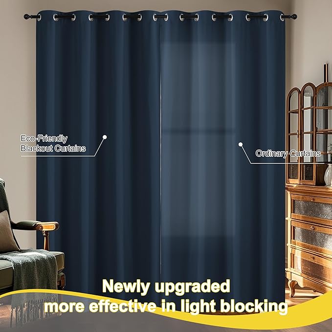 NICETOWN Living Room Curtains 63 Inches Length, 100% Blackout Drapes Thermal Insulated with Grommet for Bedroom Office Privacy Darkening Curtain, 2 Panels, 42 x 63 Inch, Navy
