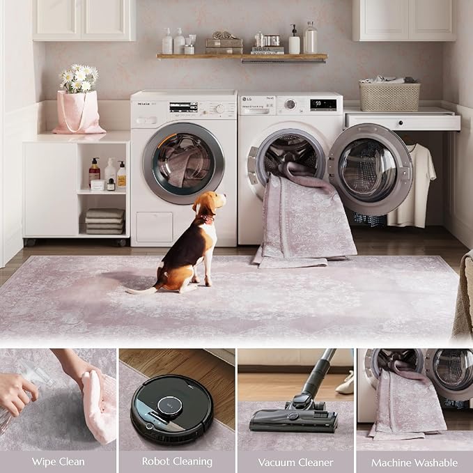 jinchan Hallway Runner Rug 2x8 Vintage Floral Distressed Design - Machine Washable Non-Slip Low-Pile Soft Thin Faux Wool Kitchen Carpet for Farmhouse Bedroom Laundry Room(2x8ft,Orchid)