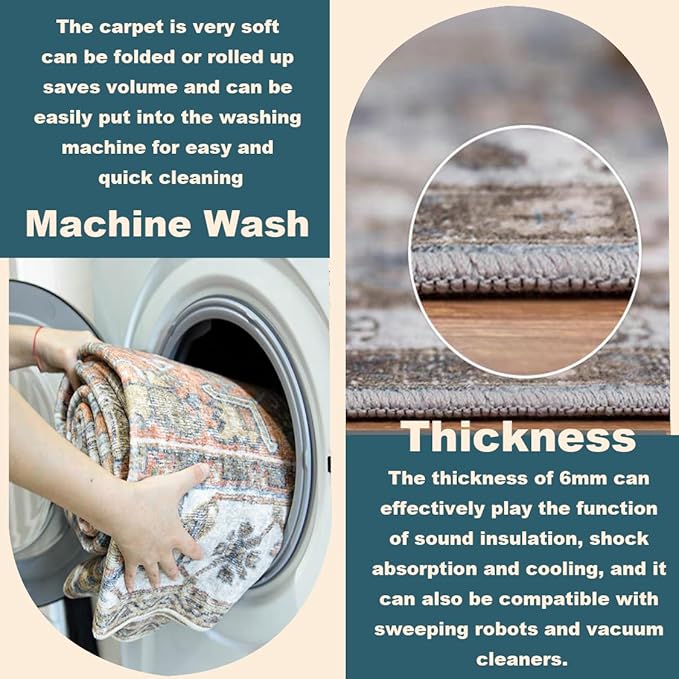 Washable Area Rug 8'x10' Boho Chic Medallion Distressed Design Non-Shedding Easy Care Ideal for High Traffic Areas in Living Room Bedroom Office Coffee Table Large Carpet