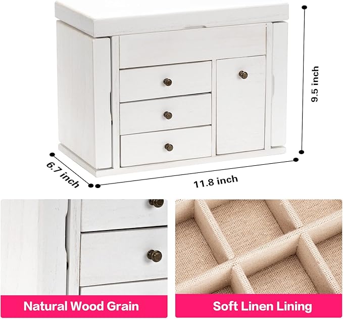 Jewelry Box Organizer, Solid Wood Jewelry Boxes for Women for Storage & Display Necklace Ring Earring Bracelet, Rustic Style Jewelry Organizer Box for Women Gifts (Weathered White)