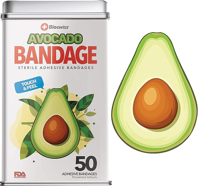 BioSwiss Bandages, Avocado Shaped Self Adhesive Bandage, Latex Free Sterile Wound Care, Fun First Aid Kit Supplies for Kids, 50 Count
