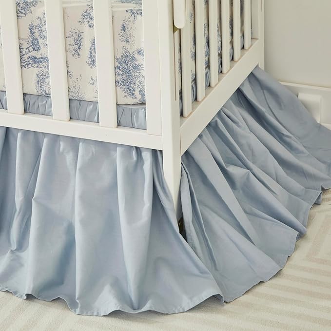 Brandream 3 Pieces French Country Toile Crib Bedding Set for Girls Vintage Blue Toile Floral Print 100% Cotton Baby Girl Nursery Bedding Collection - Ruffles Quilt,Toile Crib Sheet,Crib Bed Skirt