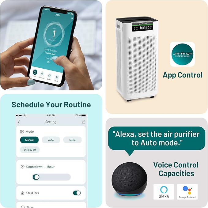Jafända Air Purifier for Home Large Room 3800 ft², APP & Alexa, Ture HEPA Activated Carbon Air Filter, Smart HEPA Air Purifiers for Office Remove Dust Pollen Smoke Allergies Mold Odors Pet Dander VOCs