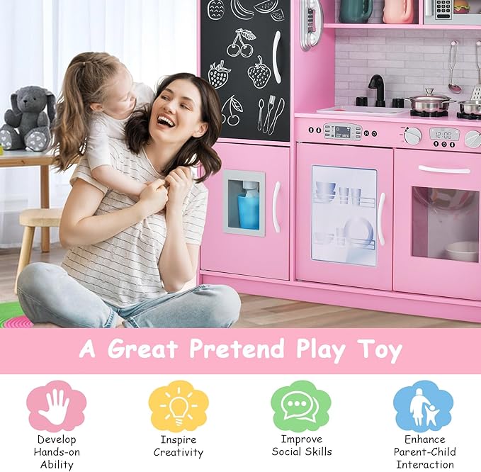 HONEY JOY Pink Kids Kitchen Playset, Wooden Little Chef Pretend Toy Kitchen Set w/Chalkboard, Telephone, Utensils, Oven, Microwave, Sink, Play Kitchen for Toddlers, Gift for Boys Girls, Pink