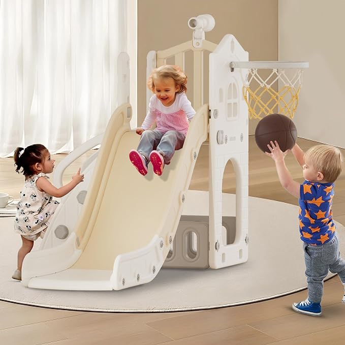 XJD 5 in 1 Toddler Slide, Kids Slide for Toddlers Age 1-3, Outdoor Indoor Playset for Toddlers with Basketball Hoop and Ball, Storage Space and Non-Slip Steps Telescope (Beige)