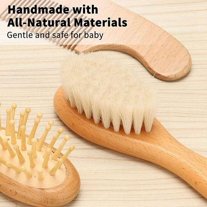 Goat Baby Hair Brush Set, Wooden Comb Massage Scalp Comb, Safe Natural Hair Care Kit, Soft Silicone Bath Brush for Newborns Toddlers (Brush Set+ Massager)