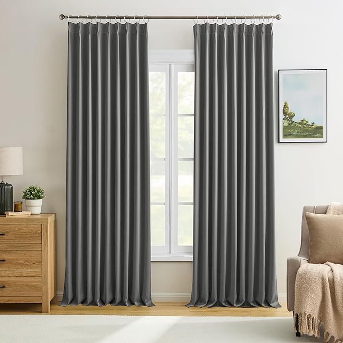Grey Blackout Curtains 105 Inches Long 2 Panels Set, 60 Inch Wide Pinch Pleated Curtain with Hooks,Thermal Insulated Room Darkening Vertical Window Treatments for Living Room Bedroom 60 x 105