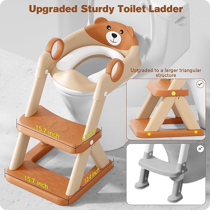 Potty Training Seat, Upgrade Toddler Toilet Seat for Kids Boys Girls, 2 in 1 Potty Training Toilet for Kids, Splash Guard Anti-Slip Pad Step Stool（Brown）