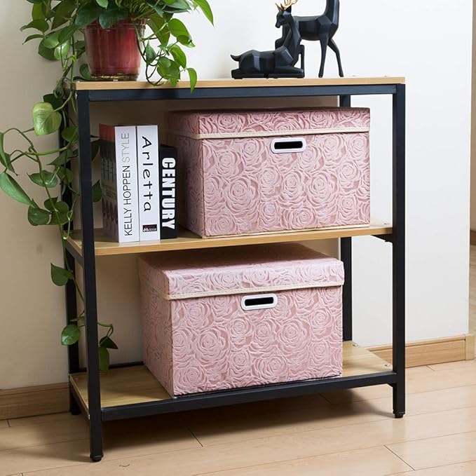 PRANDOM Large Foldable Storage Boxes with Lids [5-Pack] Fabric Decorative Storage Bin Cubes Organizer Containers Baskets with Cover Handles for Bedroom Closet Nursery Pink 17.7x11.8x11.8 Inch