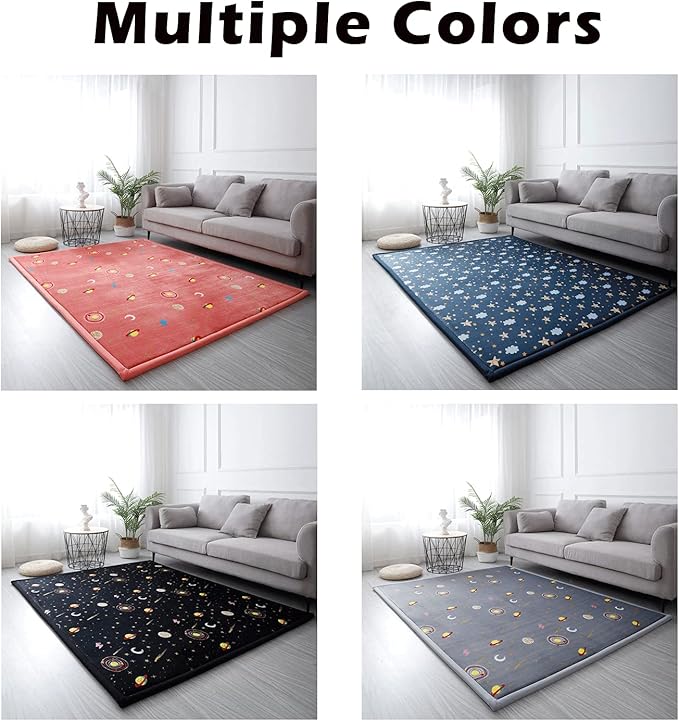 Loartee Coral Velvet Area Rug - 1" Thick Memory Foam Baby Play Mat, Washable Toddler Carpet, Home Decor for Living Room, Nursery, Kids Bedroom, Astral Black, 6'7"x7'10"