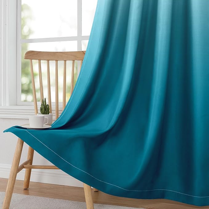HOMEIDEAS Turquoise Ombre Blackout Curtains 52 X 84 Inch Length Gradient Room Darkening Thermal Insulated Energy Saving Grommet 2 Panels Window Drapes for Living Room, Bedroom