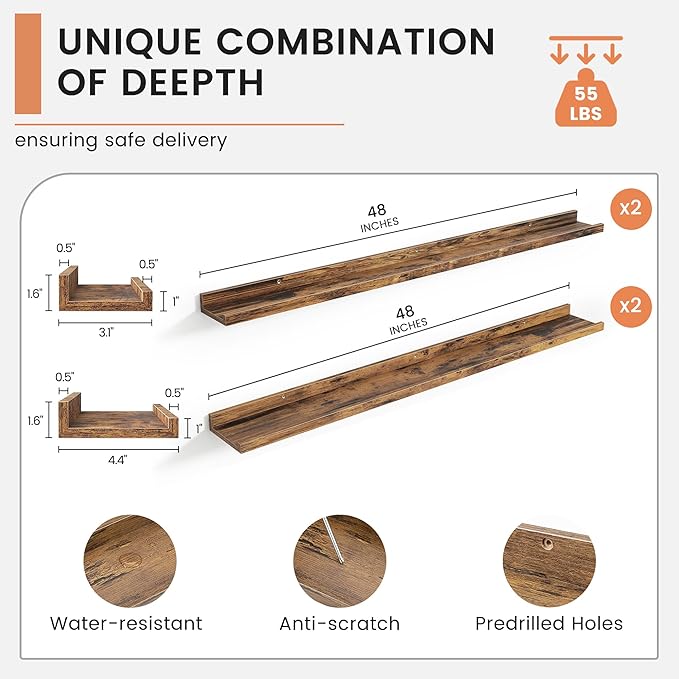 Floating Picture Ledge Shelves for Wall Set of 4, 48 Inch Wall Shelves with Lip Long Large Nursery Book Shelf for Toys Storage Kids Bookshelf Wall Mounted Living Room Bedroom Decor Frames