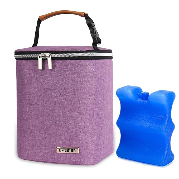 Breast Milk Cooler Bag with Ice Pack Fits 4 Baby Bottles Up to 9 Ounce, Baby Bottle Bag Great for Nursing Mom Daycare, Purple