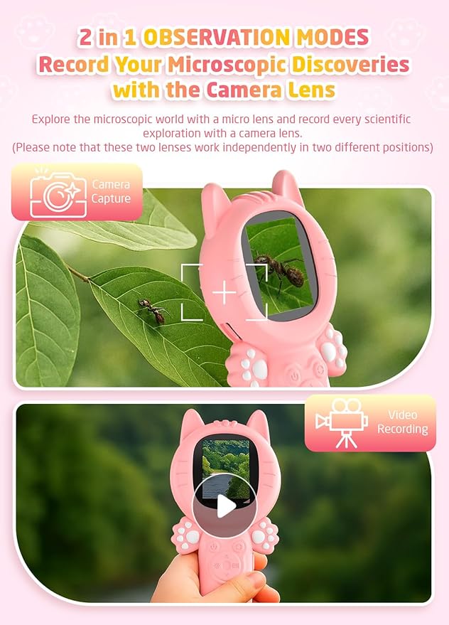 2-in-1 Microscope Camera for Kids, Mini Handheld Microscope Supporting Multiple Viewing Angles, Outdoor Educational Science Adventure Toys, Birthday Gifts for 3-10 Years Old Girls, Pink Cat