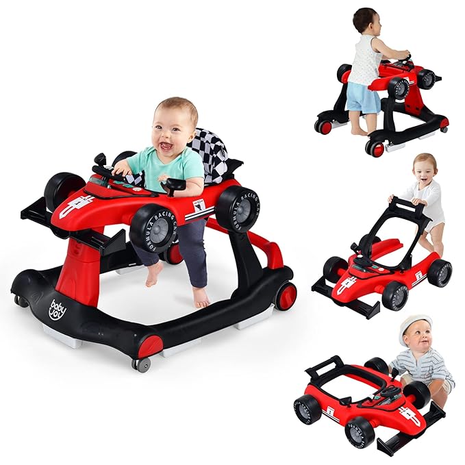 BABY JOY 4-in-1 Baby Walker, Foldable Activity Walker with Adjustable Height & Speed, Music, Lights, Anti-Rollover, Toddler Push Walker, Baby Walker with Wheels for Boys Girls 6-18 Months (Red)