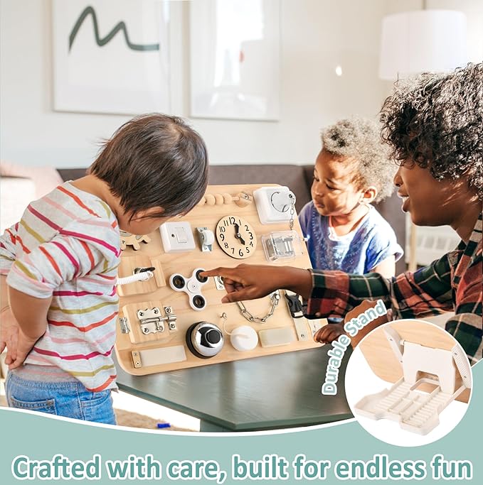 Wooden Busy Board for Toddlers - Montessori Sensory Activity Board for Fine Motor Skills and Early Learning - Travel Toys for Kids - Sensory Toys for autism or ADHD - Ideal for Educational Gifts