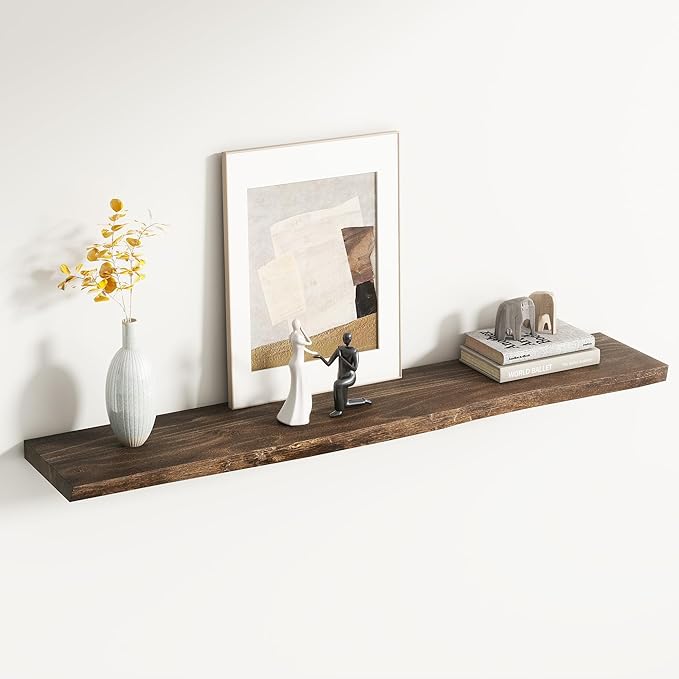 Rustic Elm Wood Floating Shelf for Wall, Live Edge 48"W x 9.2"D x 1.4"H, 1 Pack with Invisible Bracket, Large Wall Mounted Storage Shelf for Living Room Bedroom Kitchen Bathroom Decor, Walnut Finish