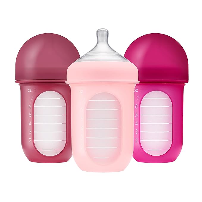 Boon Nursh Reusable Silicone Pouch Baby Bottles - Medium Flow Nipple - Silicone Baby Bottle Pouch and Nipple - Baby Feeding Essentials - Pink - 3-6 Months - 3 Count - 8 Ounce