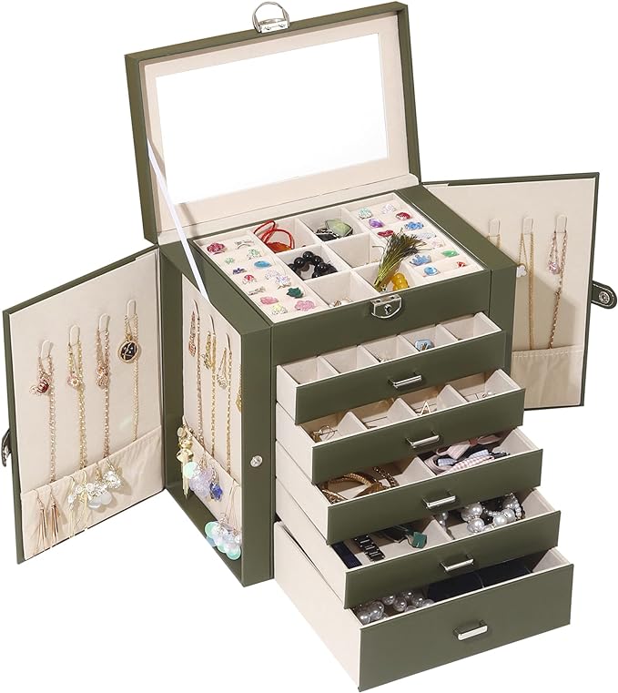 BOOVO Jewelry Box For women, 6 Layer Large Jewelry Organizer With Mirror, Multi-Function Storage Box With Lock, Accessory Holder With 5 Drawers, For Earrings Necklace Ring Bracelet (Army green)