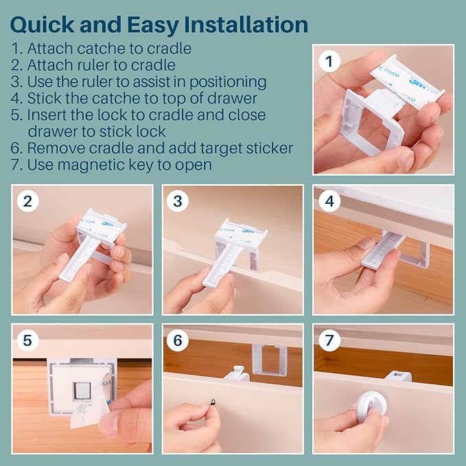 Inaya Magnetic Cabinet Locks for Baby Proofing, 6 Locks & 1 Key, Child Proof Magnet Locks for Cabinets & Drawers with Invisible Design, 3M Adhesive for Easy Installation - No Drill & Tools Needed