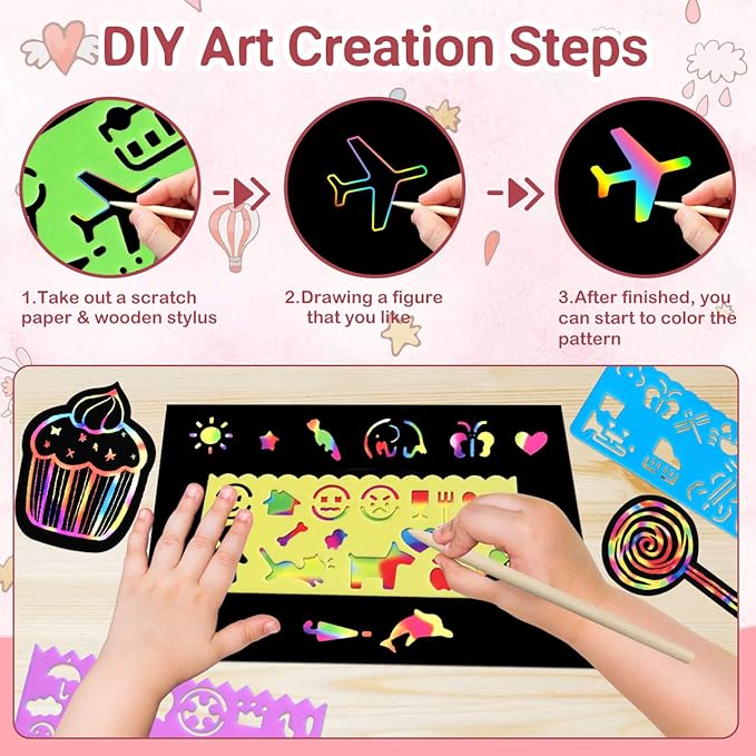 Rainbow Scratch Paper Art for Kids: 60PCS Magic Arts Crafts Gifts Toys for Girls Boys Ages 4 5 6 7 8 9 Games Activities for Birthday Family Valentines Christmas Stocking Stuffers Easter