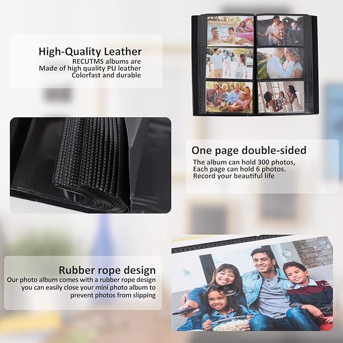 RECUTMS Photo Album 4x6 300 Pocket Black Pages PU Leather Slip-in Picture Album for Baby Family Anniversary Wedding Mother's Day (Blue)