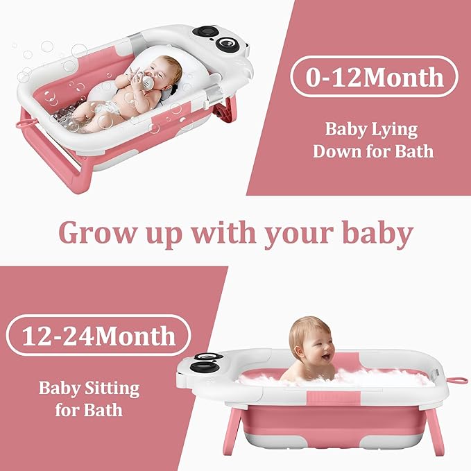 Foldable Baby Bathtub, Lightweight Bathtub for Infants to Toddlers with Soft Cushion & Thermometer, Portable Baby Tub Newborn to Toddler 0-36 Months(Pink)