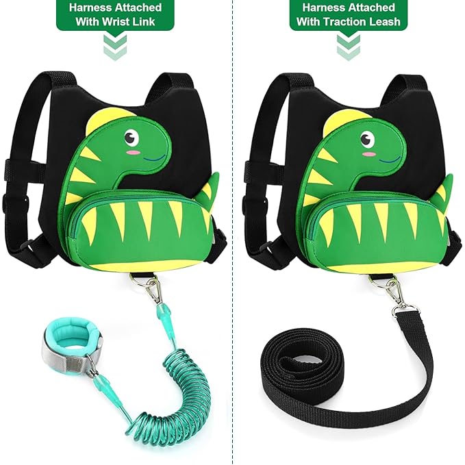 Accmor Toddler Harness Leash + Anti Lost Wrist Link, Cute Dinosaur Kids Harness with Leash, Adorable Child Harness Leash Wristband Strap Belt Protector for Baby Boys Girls to Outdoor Travel
