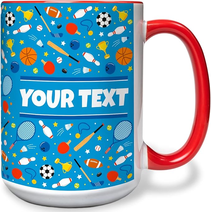 Personalized Mug for Kids - Sports - Custom Name/Text, Ceramic Hot Chocolate/Cocoa/Coffee Cup for Boys/Girls, Birthday/Christmas/Holiday Gift - 15 oz, Red Handle