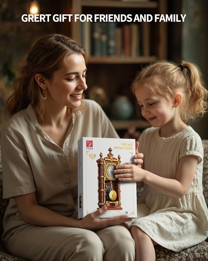 Vintage Pendulum Clock Building Block Set, Stem Toy with Real Clock Function and Linkable Mechanical Pendulum, Unique Home Decoration and Collectible for Adults&Kids 6+