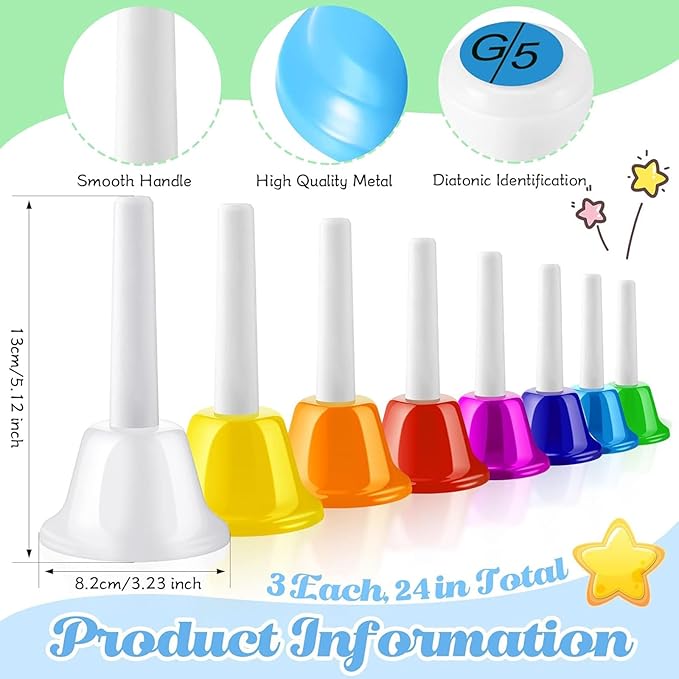 Fabbay 24 Pcs 8 Note Hand Bells Set Musical Handbells for Kids Colorful Diatonic Metal Bells Toy Percussion for Kids Toddlers Children Musical Teaching Church Chorus Wedding Family Birthday Party
