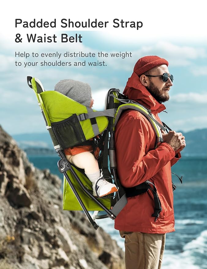 besrey Baby Backpack Carrier, Toddler Hiking Backpack with Safety 3-Height Seat, Adjustable Straps&Waist Belt, Foldable Frame Lightweight Large Capacity Child Carrier for Hiking (Green)