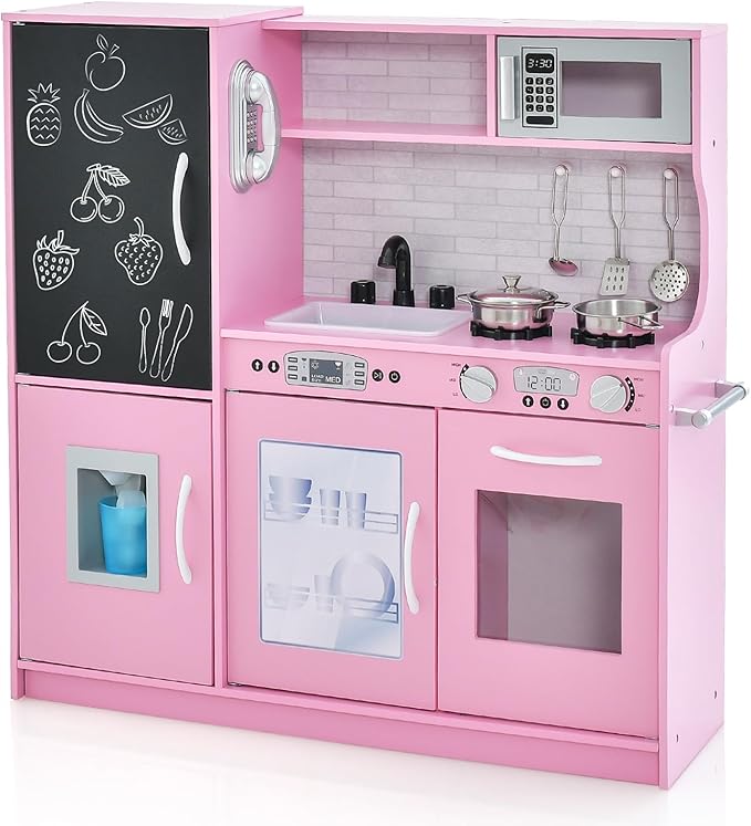 HONEY JOY Pink Kids Kitchen Playset, Wooden Little Chef Pretend Toy Kitchen Set w/Chalkboard, Telephone, Utensils, Oven, Microwave, Sink, Play Kitchen for Toddlers, Gift for Boys Girls, Pink