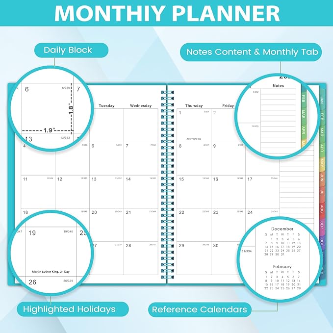 2026 Monthly Planner/Calendar - 2026 Planner, JAN 2026-DEC 2026, 12-Month Planner with Colorful Tabs, 2026 Calendar Planner for Daily Organizing - Waterproof Cover (8" x10", Monthly Pages & Notes, Blue)