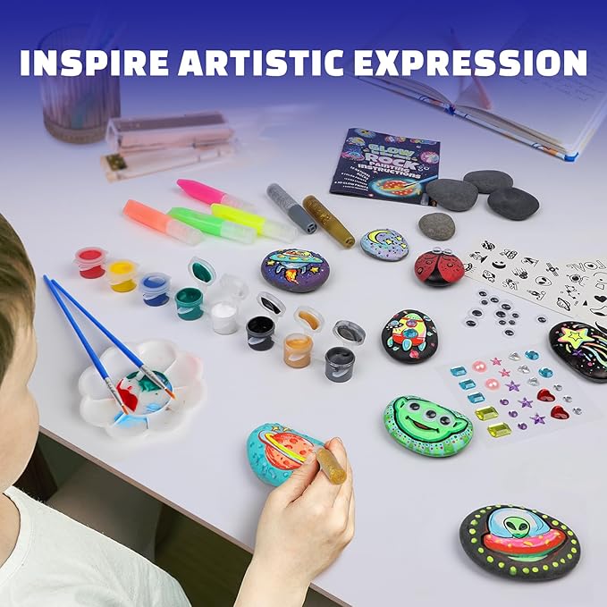 EPUMP Rock Painting Kit for Kids – Glow-in-The-Dark Arts & Crafts Set for Boys & Girls Ages 6-12, DIY Crafts Creative Painting Toys, Fun Art Supplies for Kids Activities & Birthday Gifts