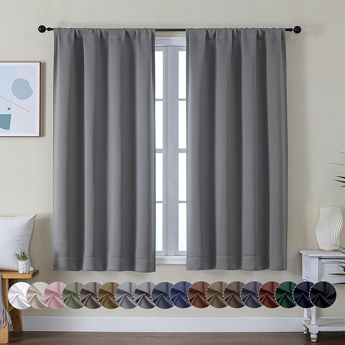 Simplebrand Ava Light Grey Short Blackout Curtains for Bedroom 54 Inches Long 2 Panels Set, Solid Thermal Insulated, Energy Saving Window Treatment Curtains Blackout Drapes, W40 x L54 Inch, Light Grey